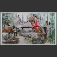 An embroidered historical scene depicts traditionally dressed figures beside a pavilion in a Chinese garden.