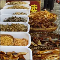 Open trays display an assortment of dried and prepared local foods at a street stall.