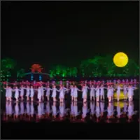 Long line of performers beneath a glowing moon beside the dark shoreline.