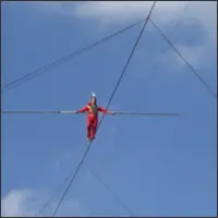 Performer balancing on a high wire suspended above the park.