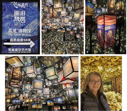 Collage of scenes from an immersive Van Gogh exhibition in Kunming, featuring mirrored rooms with hanging illuminated panels of famous paintings, a sunflower-themed installation, and a visitor standing inside the display.